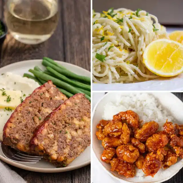 3-image collage featuring plated meatloaf, pasta, and chicken dinner