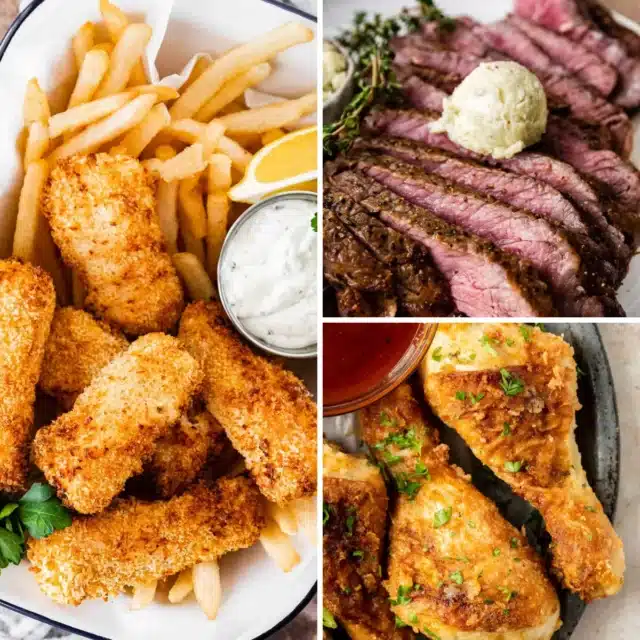 Collage featuring air fried fish, steak, and chicken