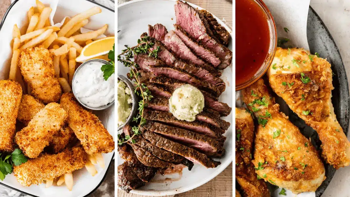 3-image collage of air fryer fish sticks, steak, and chicken
