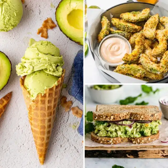 3-image collage of avocado recipes with avocado ice cream, fries, and salad