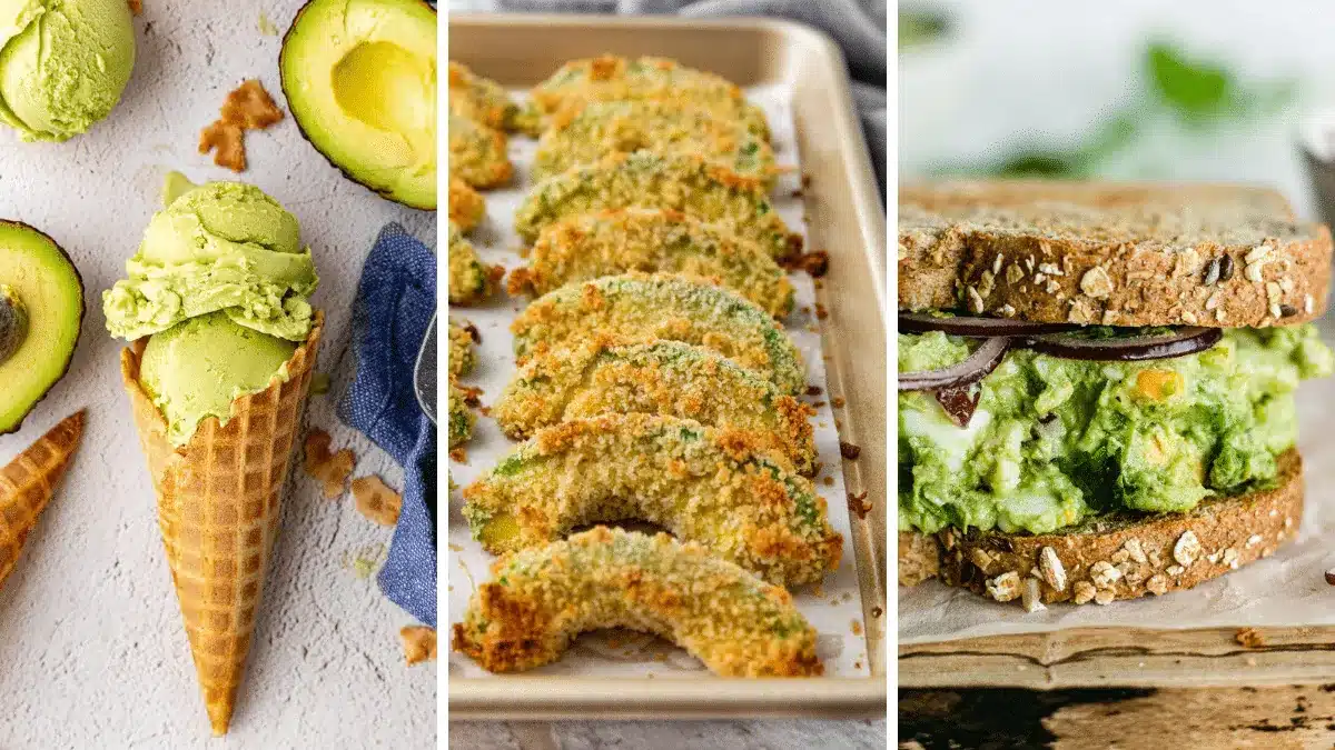 Collage of avocado ice cream, avocado fries, and avocado egg salad