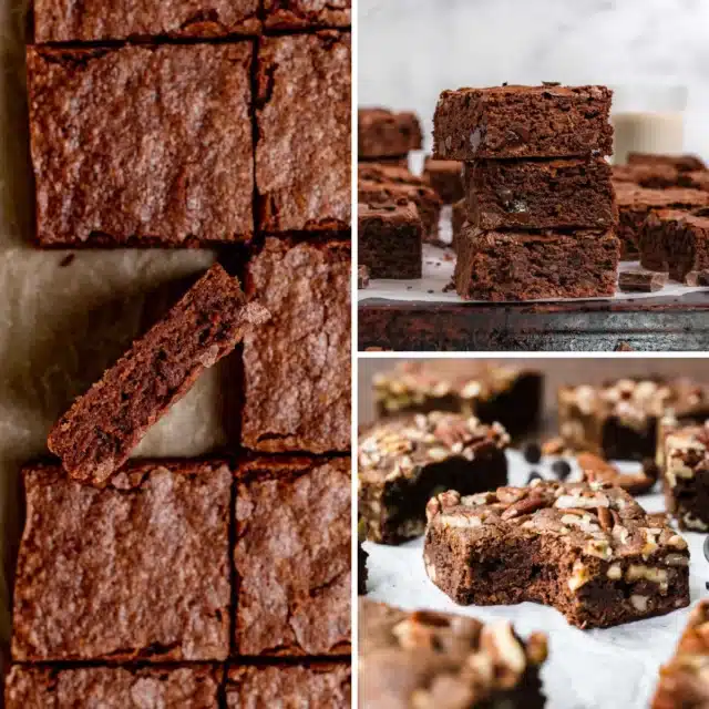 3 image collage of fudgy brownie recipes