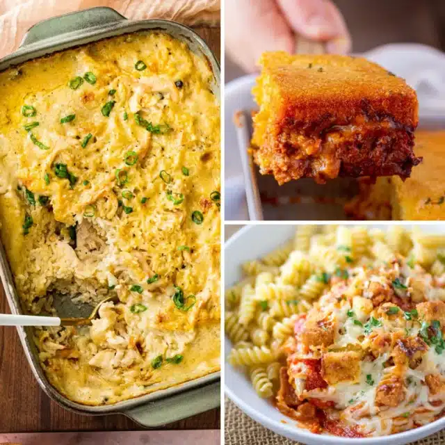 3-image collage of chicken casserole dinners