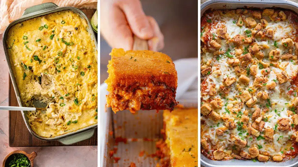 3-image collage of different kinds of chicken casserole