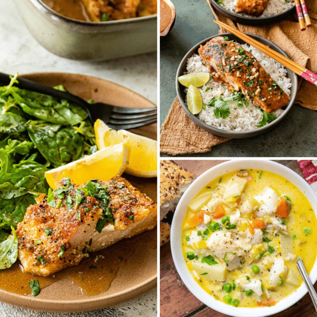 3 image grid of fish recipes plated