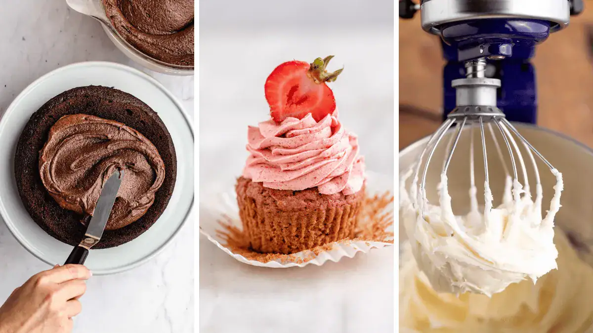 3 image collage of frosting on cake, on a cupcake, and in a mixing bowl