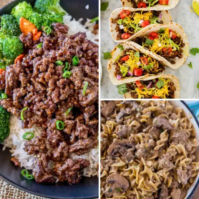 3-image collage of three kinds of ground beef dinner