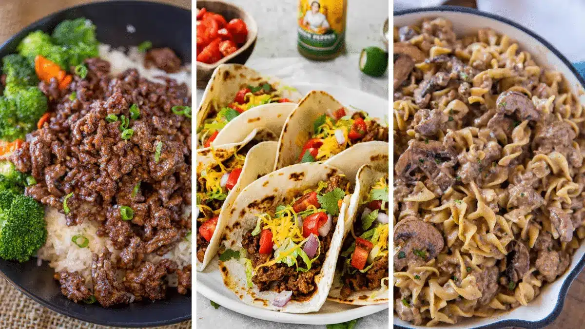 3-image collage of three ground beef dinners