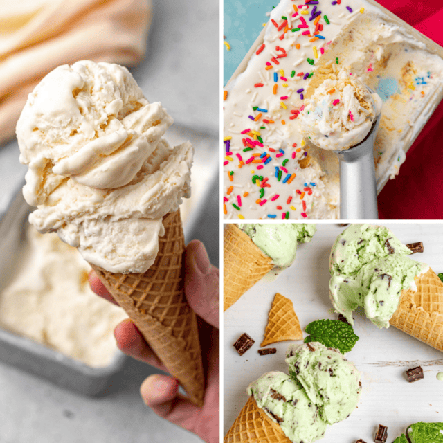 3 image grid of vanilla, birthday cake, and mint chocolate chip ice cream