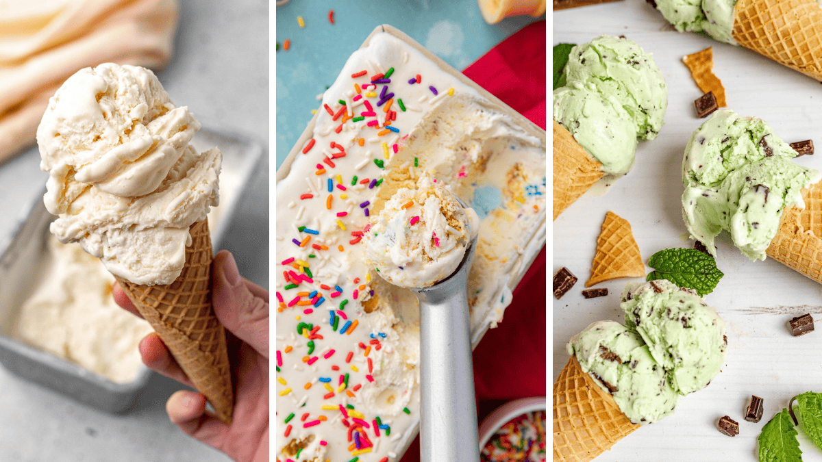3 image collage of vanilla, birthday cake, and mint chocolate chip ice cream