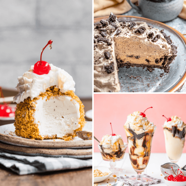 3 image grid of fried ice cream, oreo ice cream pie, and ice cream sundaes