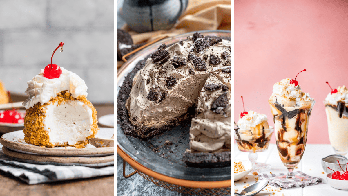3 image collage of fried ice cream, oreo ice cream pie, and ice cream sundaes