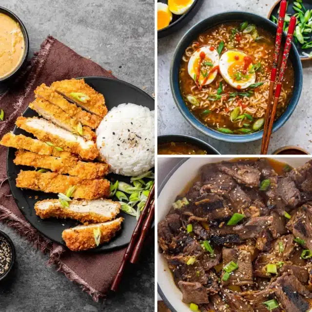 3-image collage featuring ramen, crispy chicken, and beef