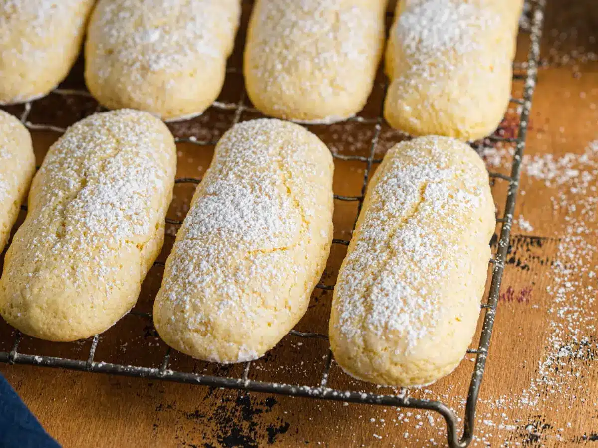 Top down view of baked long light cookies