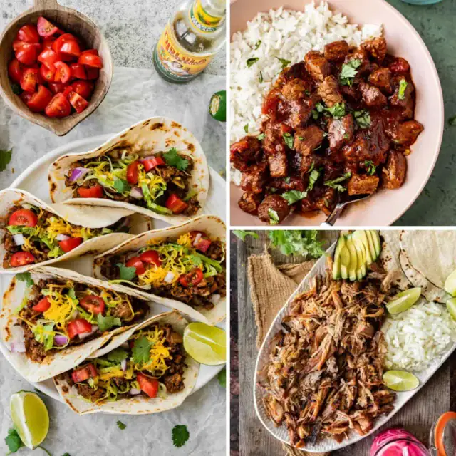 Photo collage of Mexican beef and pork recipes.