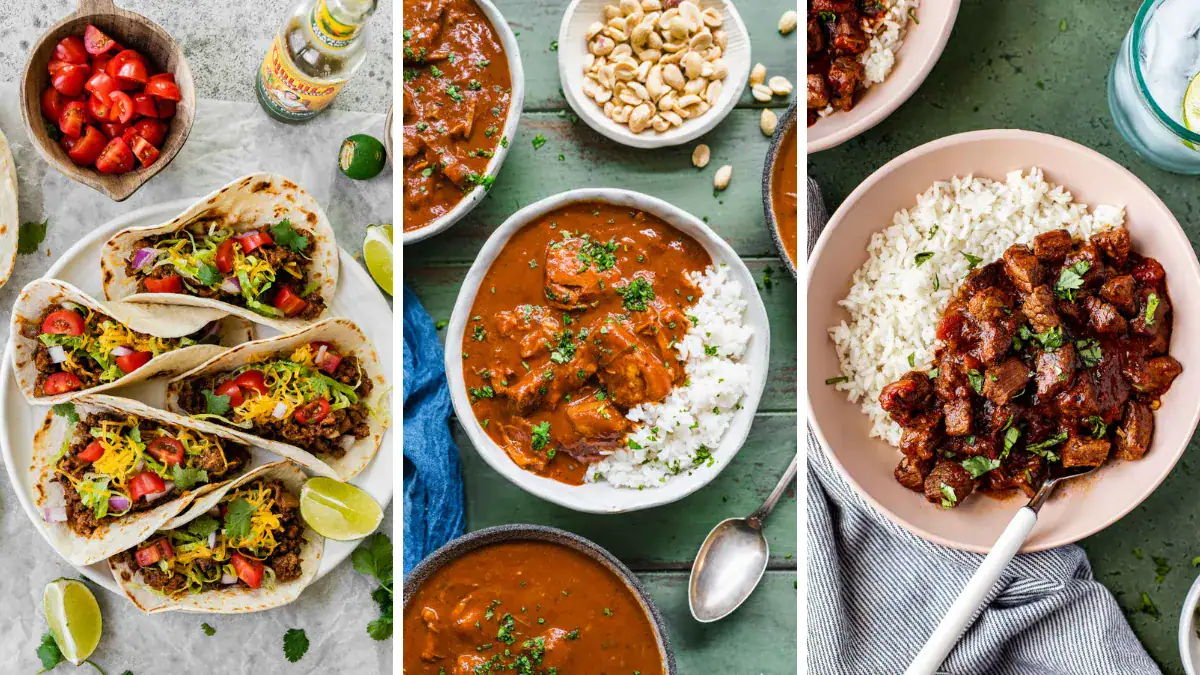 Photo collage with three Mexican beef and pork recipes.