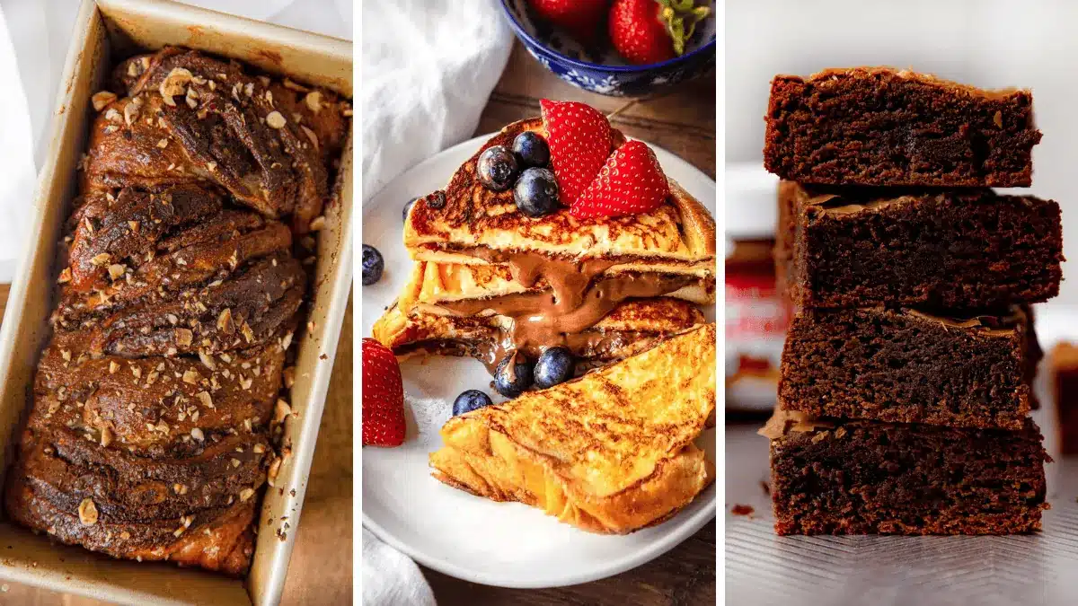 A photo collage of Nutella recipes, including bread, french toast, and brownies. 