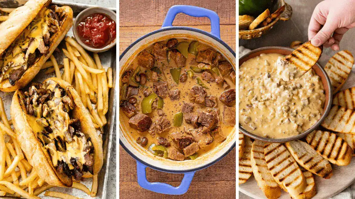 3-image collage of Philly cheesesteak recipe