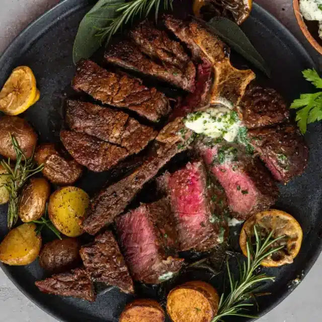 Large selection of meat with bone on a black plate with potatoes and garnished with a green herb.