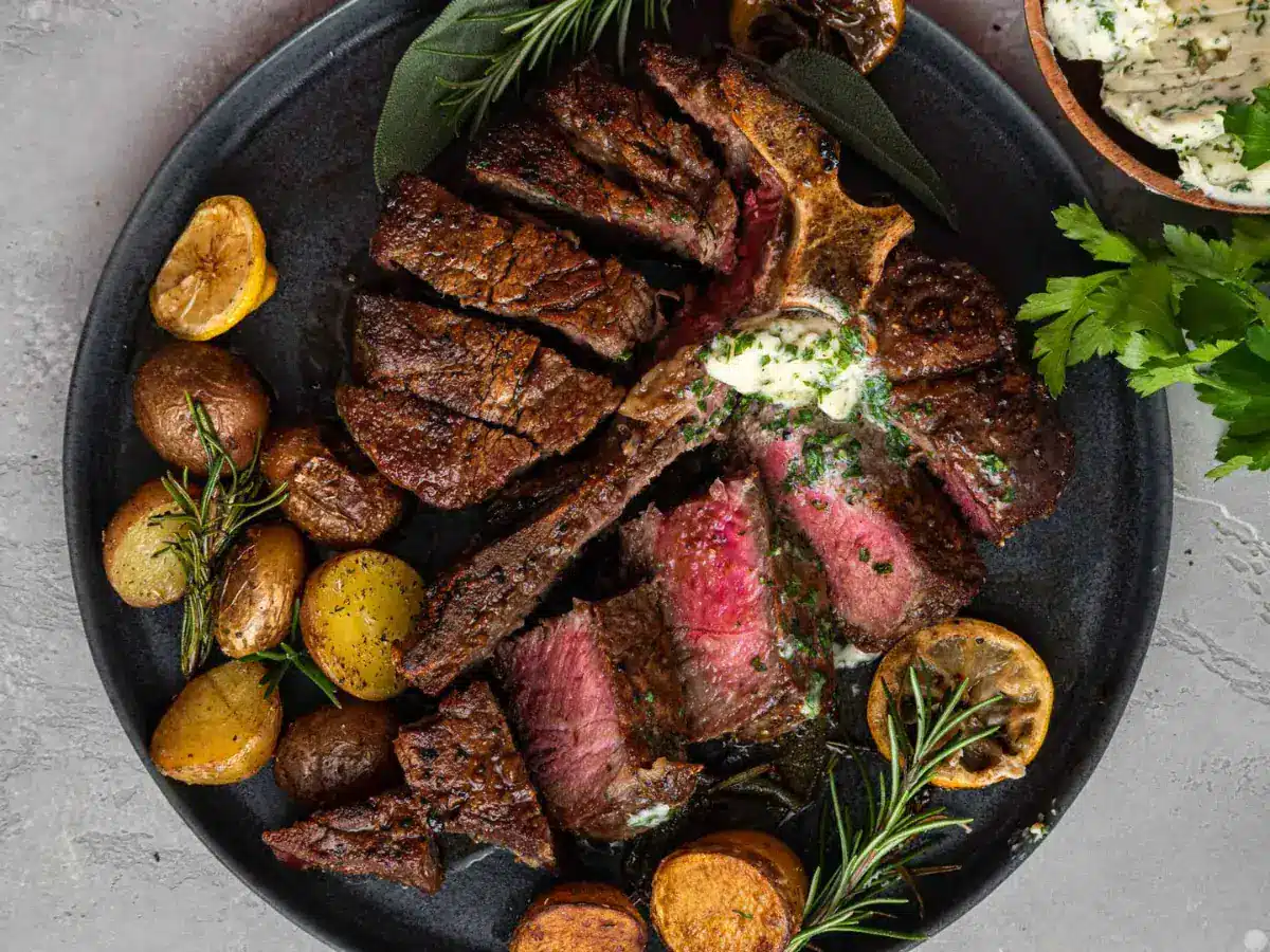 Large selection of meat with bone on a black plate with potatoes and garnished with a green herb.