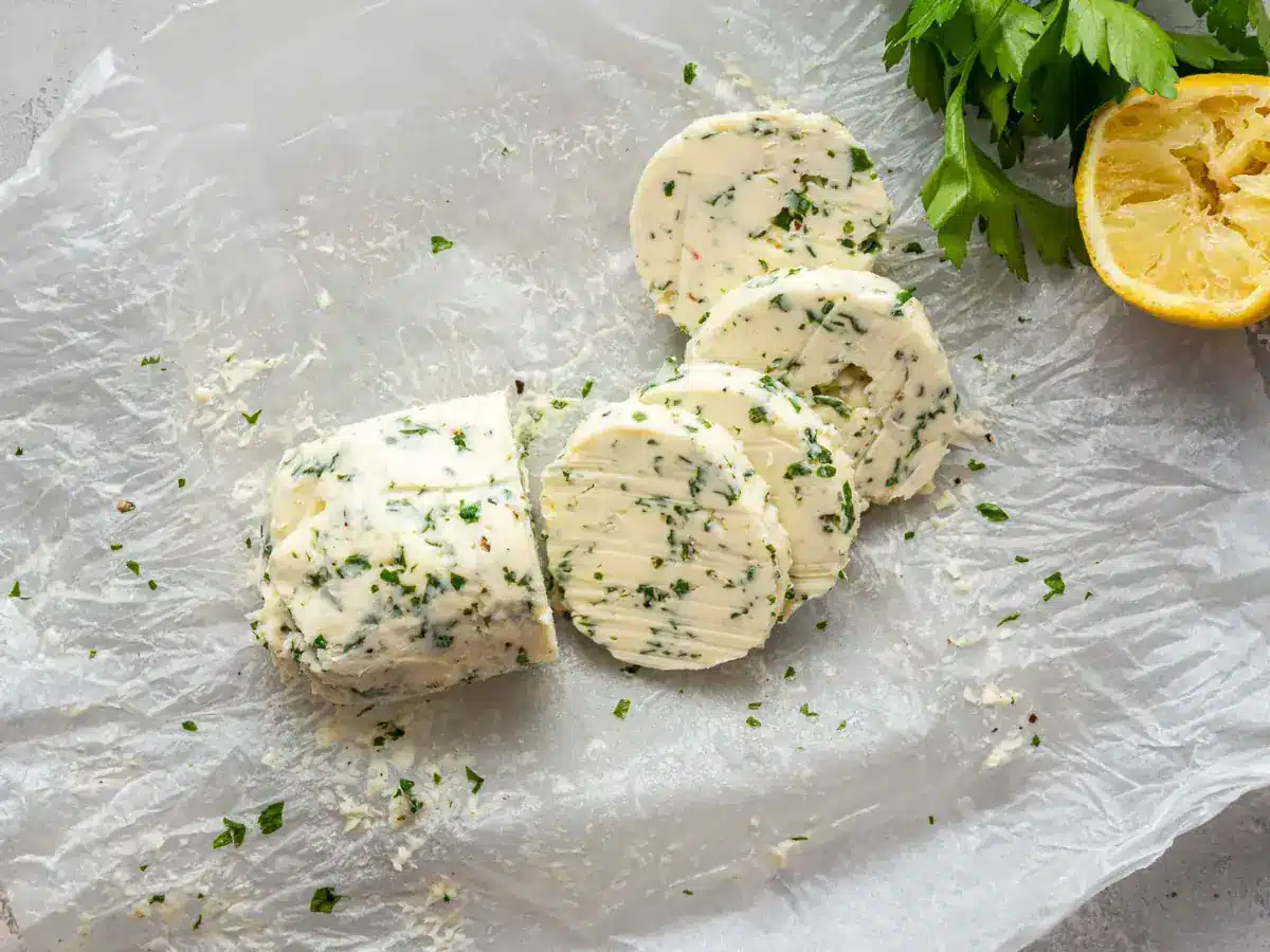 Round slices of butter mixture cut into slices.