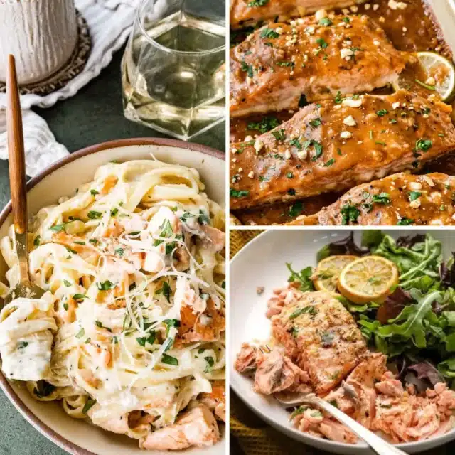 3-image collage featuring salmon prepared three ways