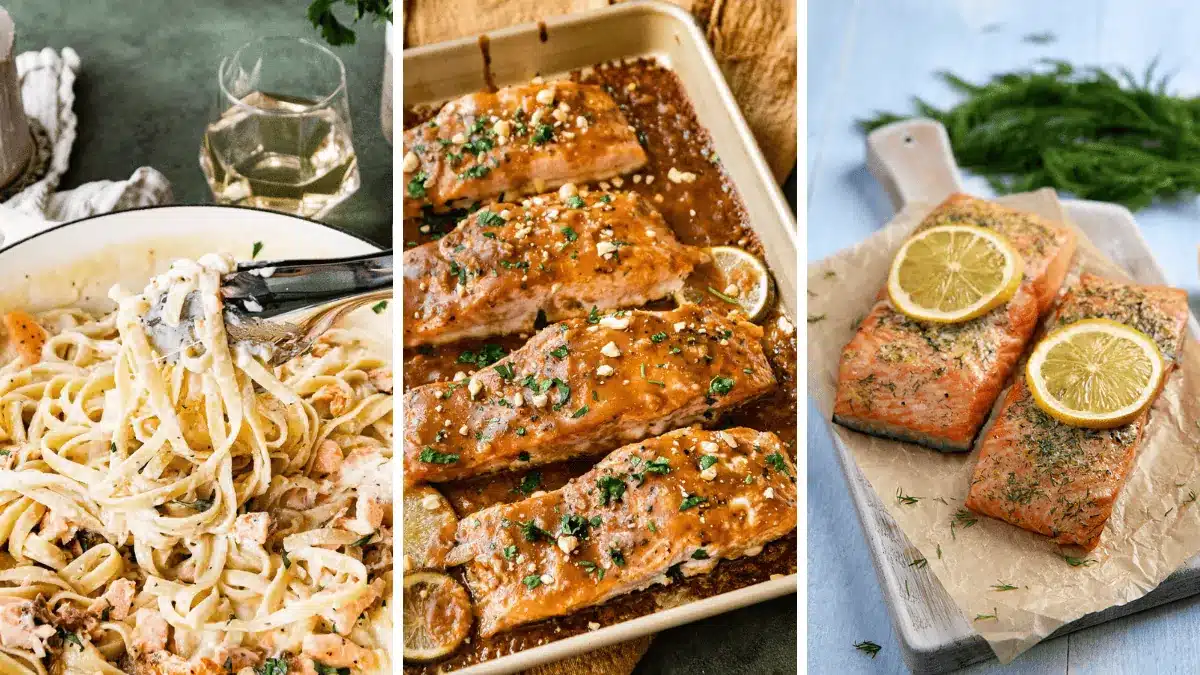 3 image collage of salmon recipes