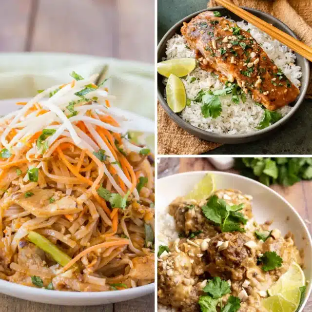 3-image collage of pad thai, salmon, and meatball peanut satay