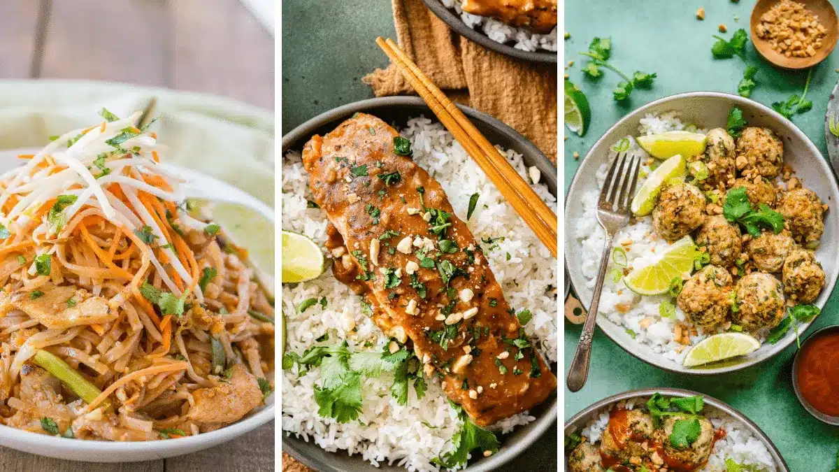 3-image collage featuring pad thai, salmon, and Thai meatballs