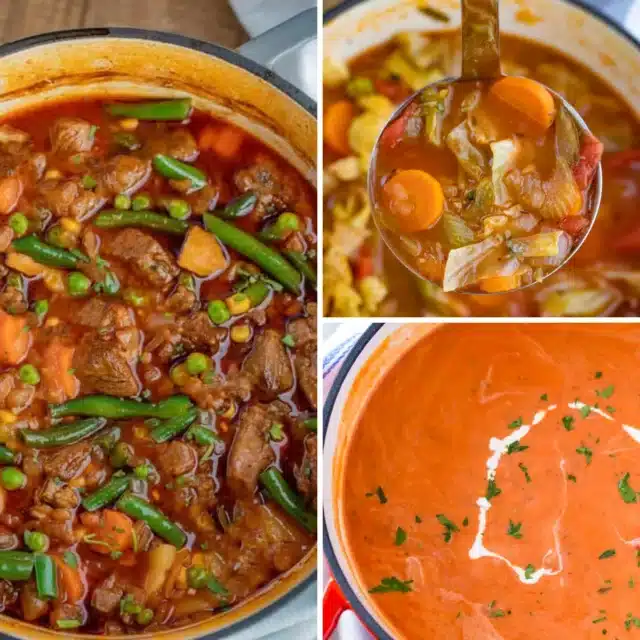 Collage with 3 kinds of vegetable soup