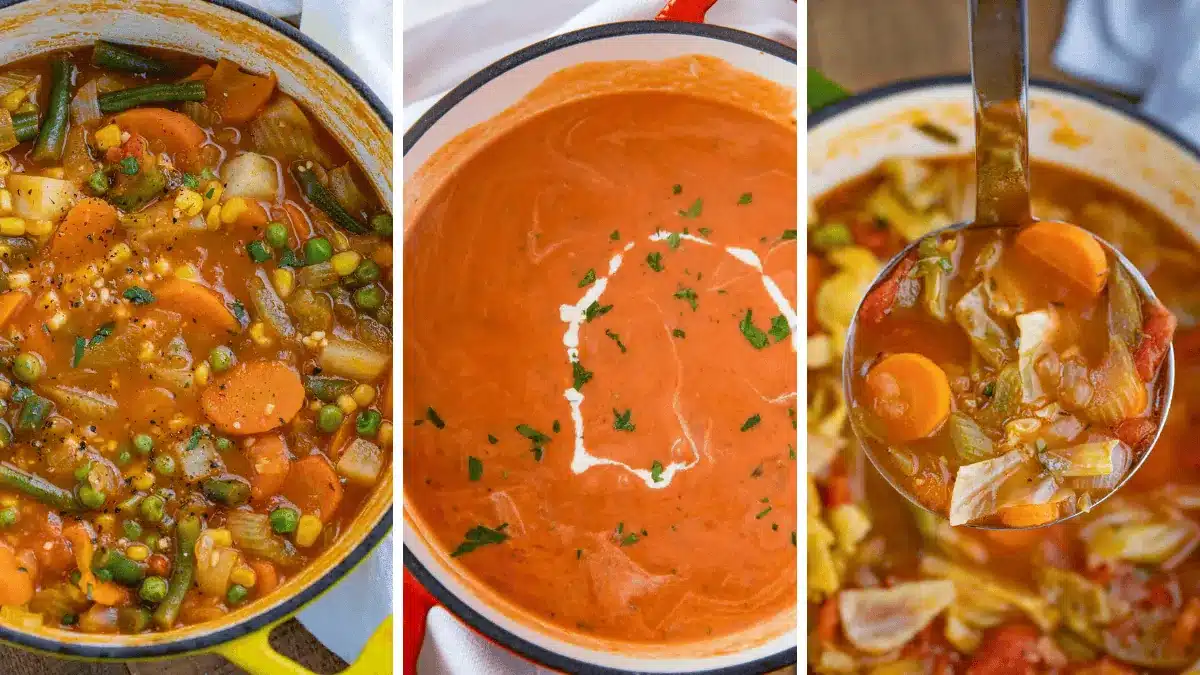 3 image collage with mixed vegetable soup, tomato soup, and cabbage soup