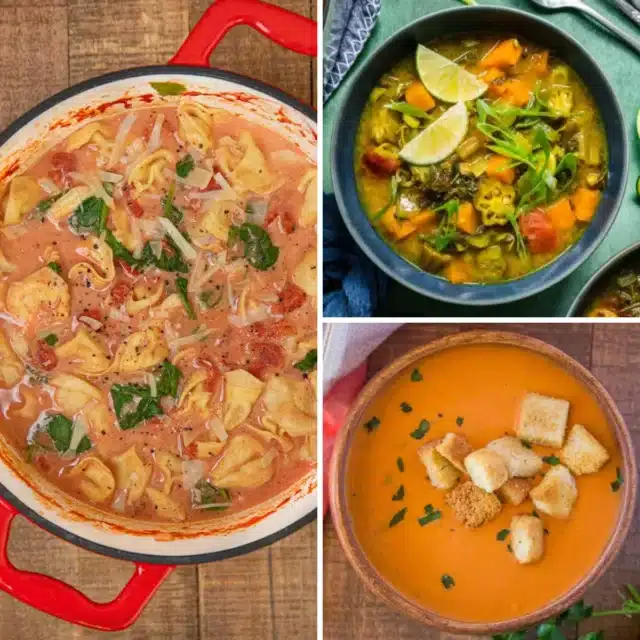 Featured image collage of three kinds of vegetarian soup
