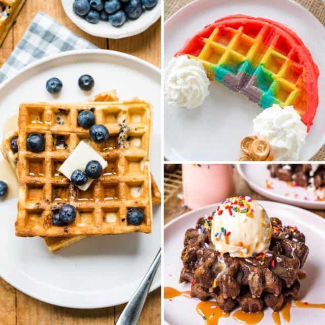 blueberry waffles, rainbow waffle, and brownie waffle in 3-image collage
