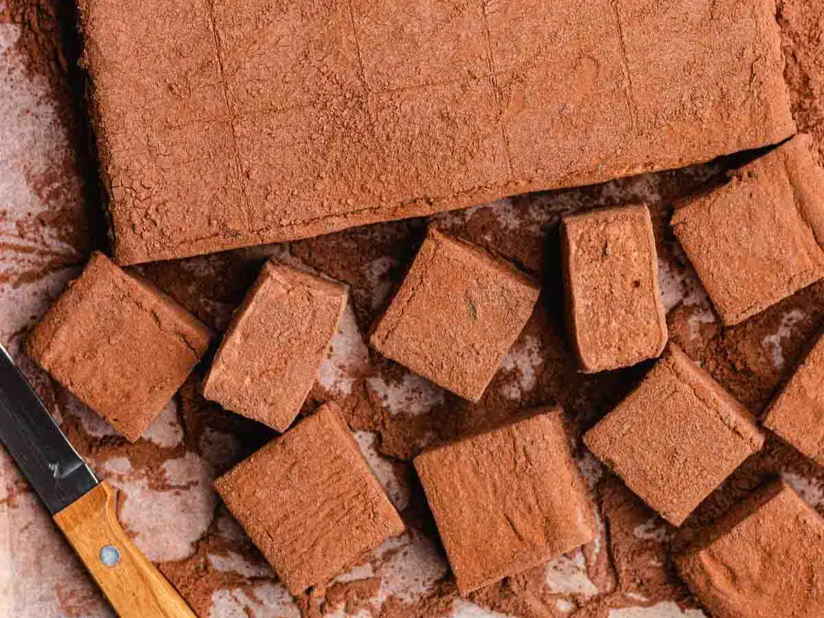 Marshmallows being cut into squares.