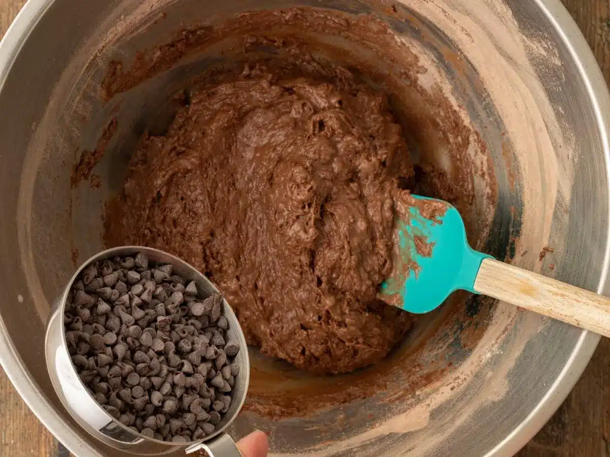 Chocolate chips being folded into dough.