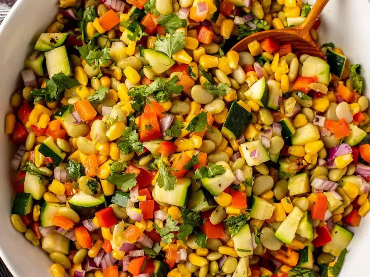 Close up of side dish with corn, peppers, zucchini, and beans.