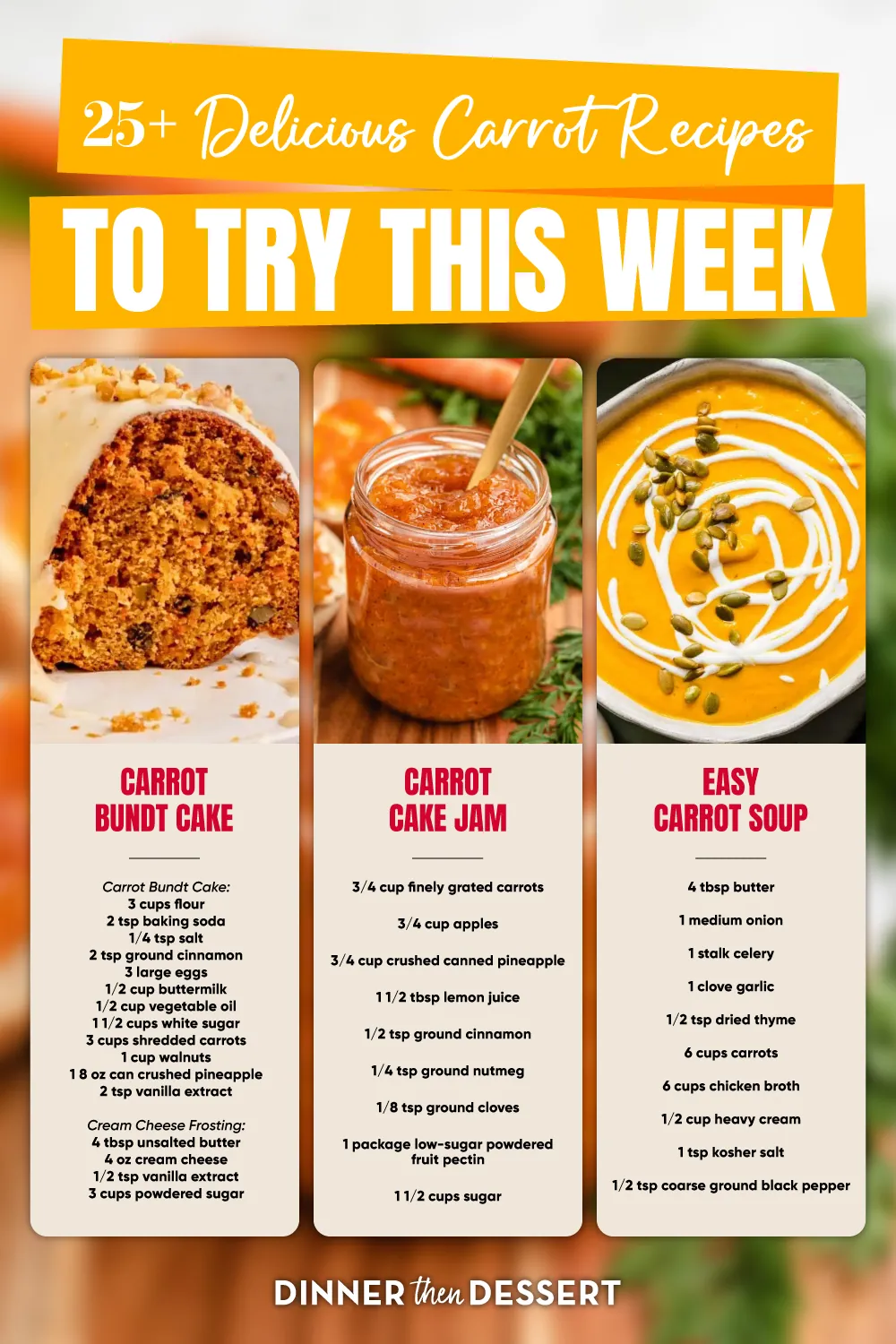 Graphic of carrot cake, carrot jam, and carrot soup