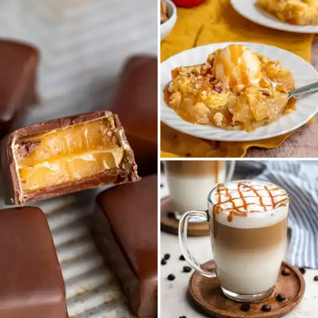 Collage featuring caramel candies, caramel cake, and caramel coffee