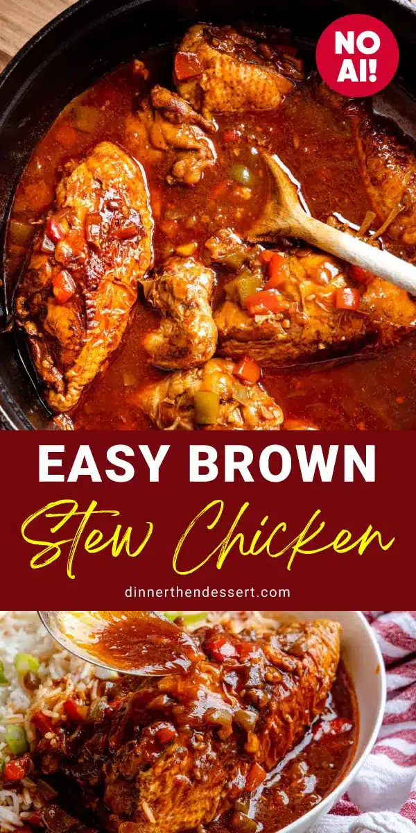 Two images of chicken in thick broth, one on dinner plate.