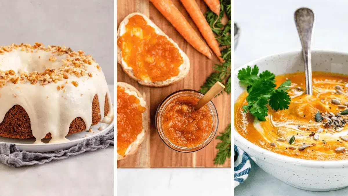 collage featuring bundt cake, jam, and soup