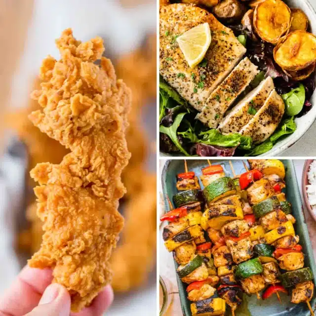 fried chicken, chicken breast, and chicken kabobs in 3-image collage