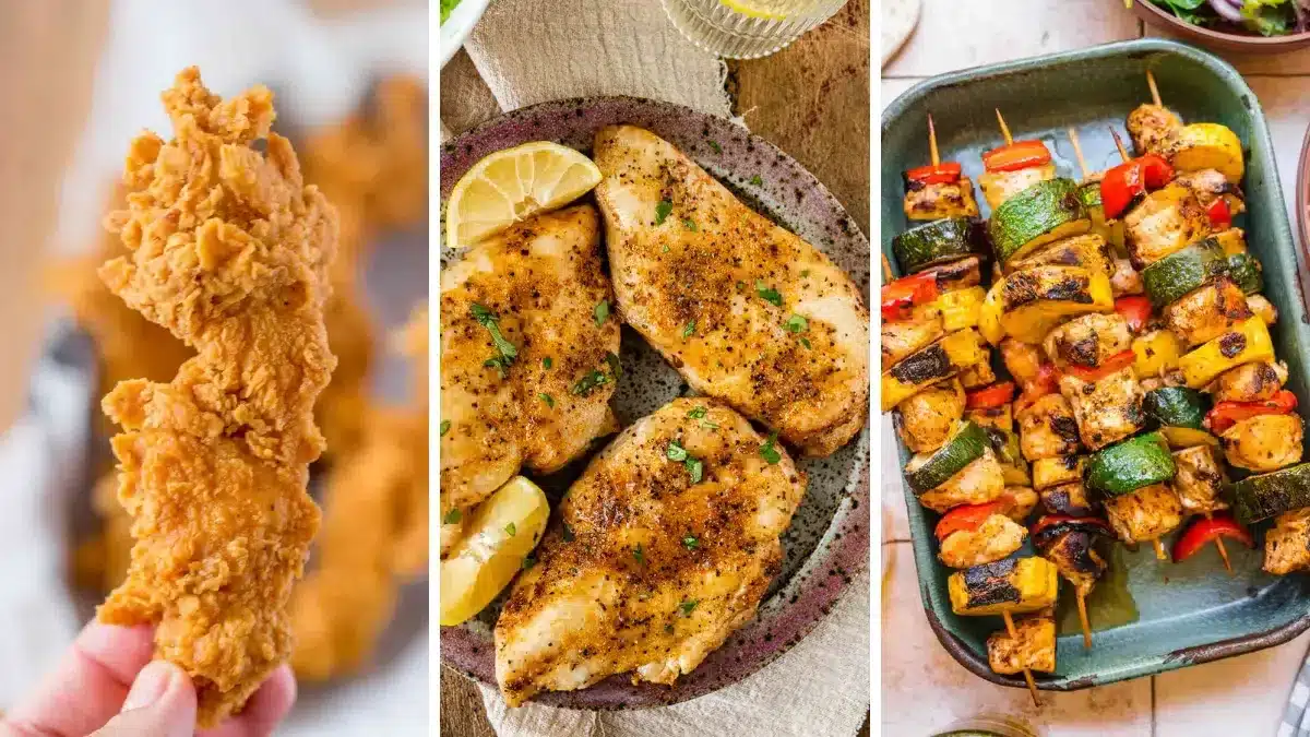 3-image collage of fried chicken, chicken breasts, and chicken kabobs