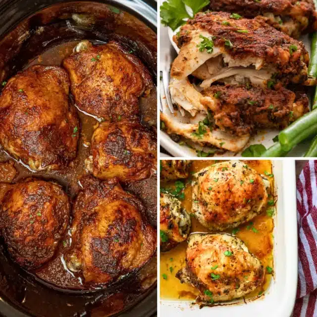 Collage of chicken thighs recipes made in a slow cooker, Instant Pot, and oven
