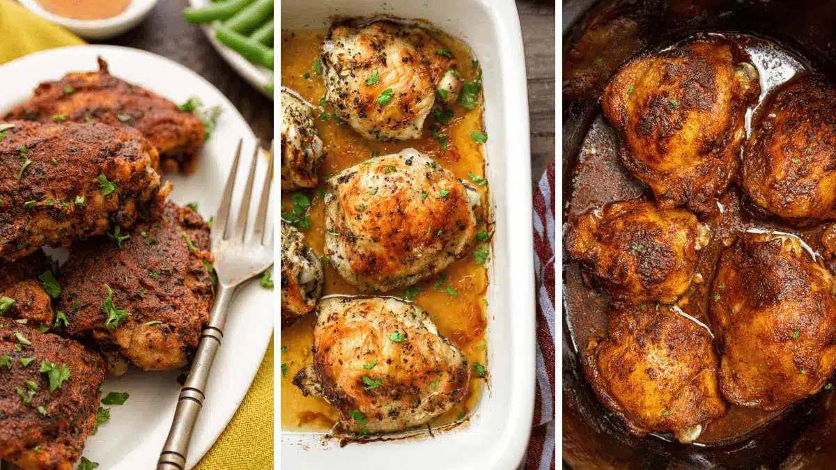 Photo collage of three chicken thigh recipes, instant pot, baked, and slow cooker.