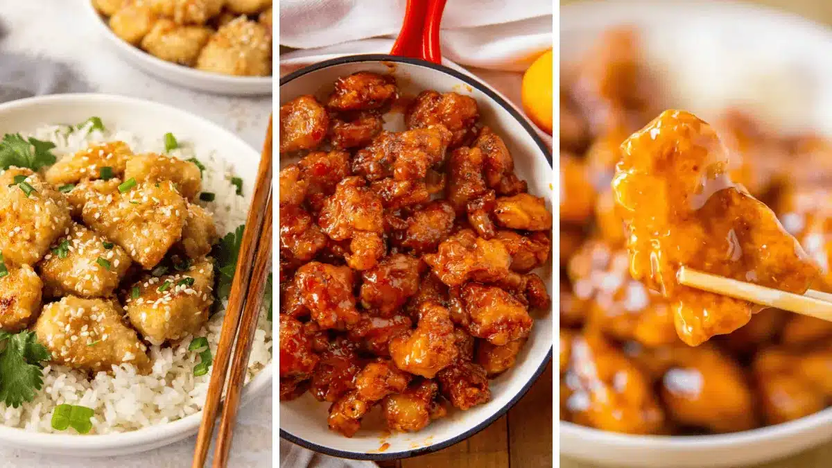 3 images of saucy Chinese chicken