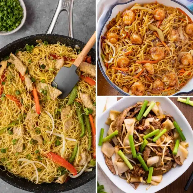 Image collage with 3 kinds of noodle dishes
