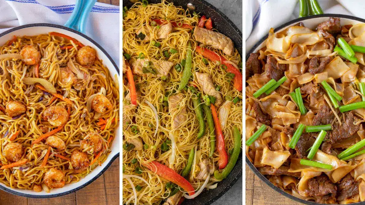 3-image collage with three kinds of Chinese noodles