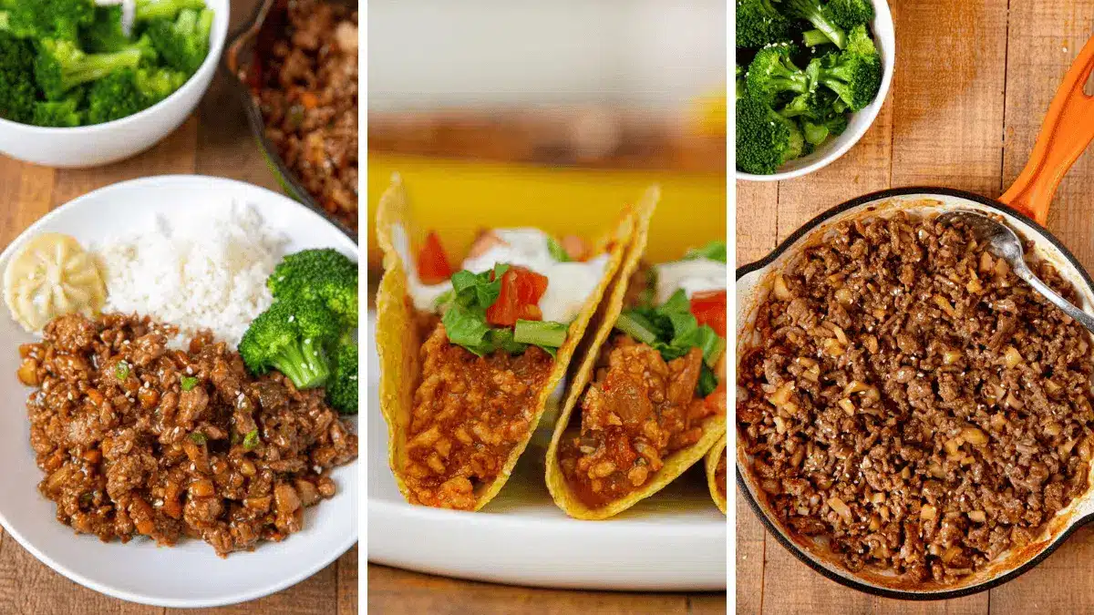 3 image collage of ground chicken dinners
