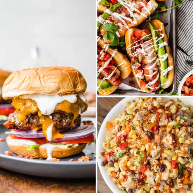 3 recipe grid with cheddar bacon ranch burgers, mexican hot dogs, and bbq chicken pasta.