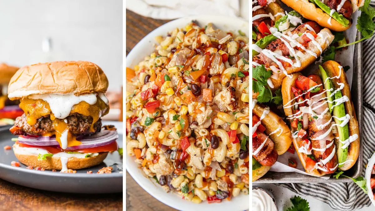 3 recipe collage with cheddar bacon ranch burgers, mexican hot dogs, and bbq chicken pasta.